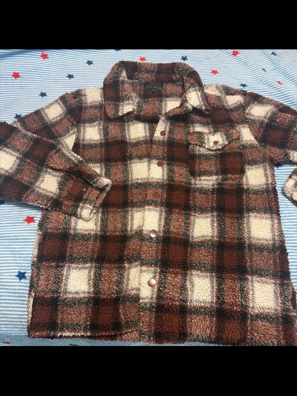 No Boundaries Brown and Ivory Plaid Plush Button-Down Shirt Jacket
